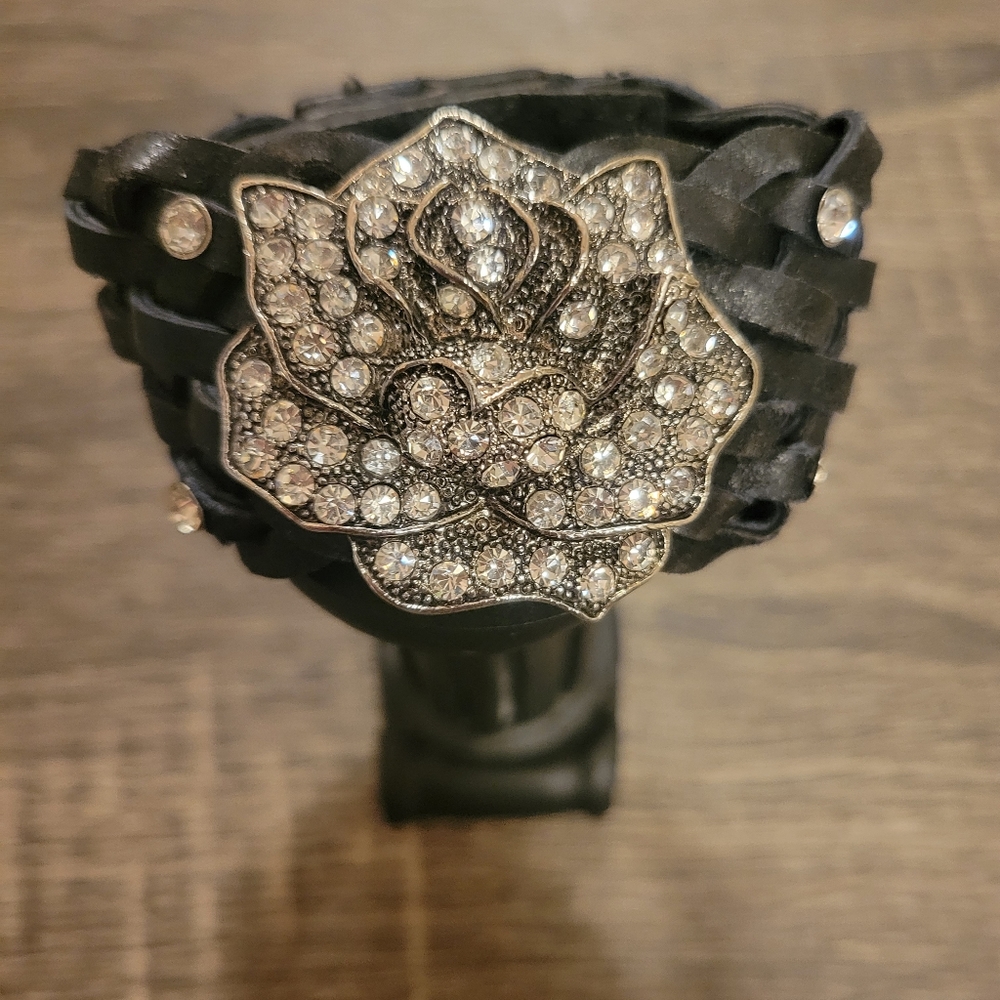 Rose Rhinestone Leather Statement Bracelet - image 4